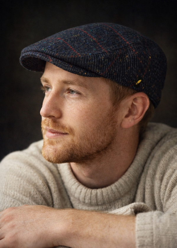 Dubliner Navy Check Flat Cap | Authentic Donegal Tweed