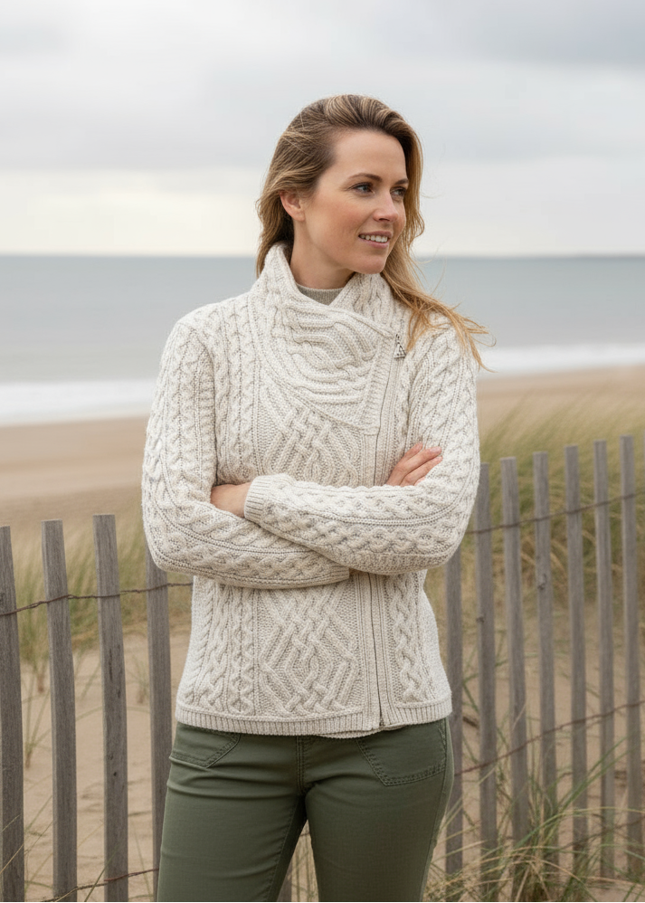 Aran Irish Cable Knit Side Zip Jacket | Natural