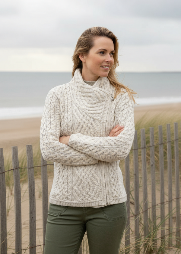 Aran Irish Cable Knit Side Zip Jacket | Natural