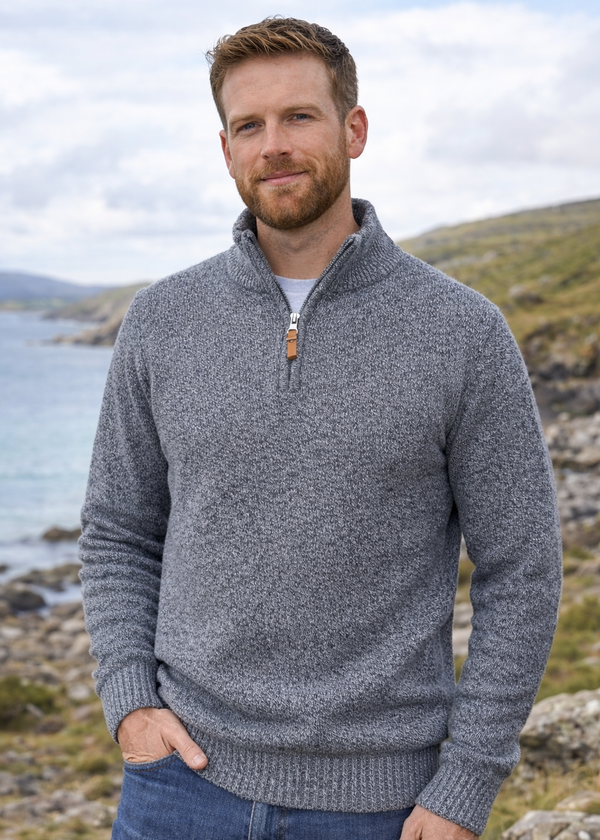 Men's 100% Lambswool Quarter Zip Sweater - Pepper Marl