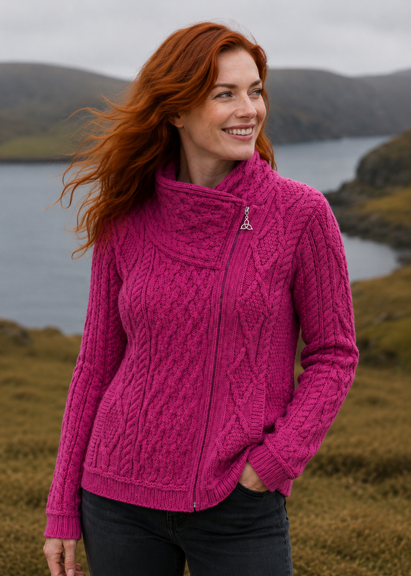 ran Crafts Ladies Side Zip Cardigan | Fushia