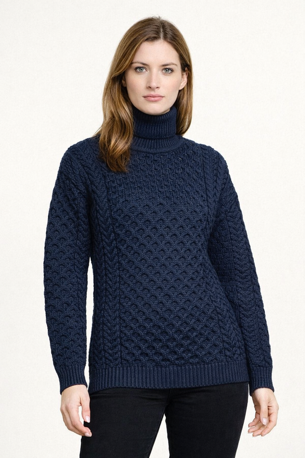 Unisex Aran Merino Polo Neck Sweater | Navy | Premium Irish Wool Knitwear