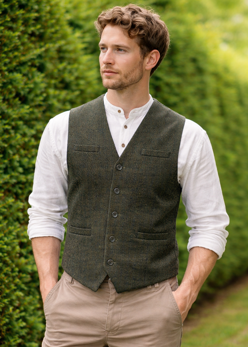 Green Tweed Herringbone Waistcoat