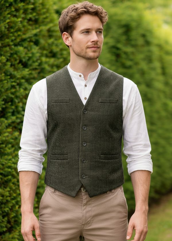 Emerald Isle Herringbone Tweed Waistcoat – Olive Green