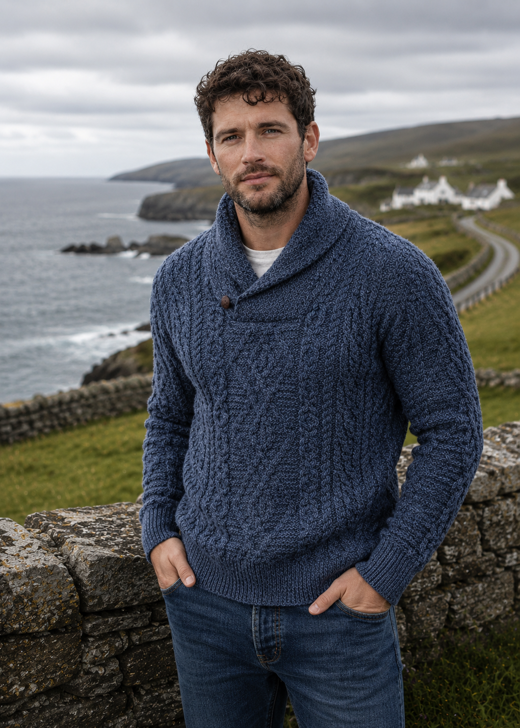 Men's Aran Shawl Neck Sweater | 100% Merino Wool | Denim Marl