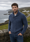 Men's Aran Shawl Neck Sweater | 100% Merino Wool | Denim Marl