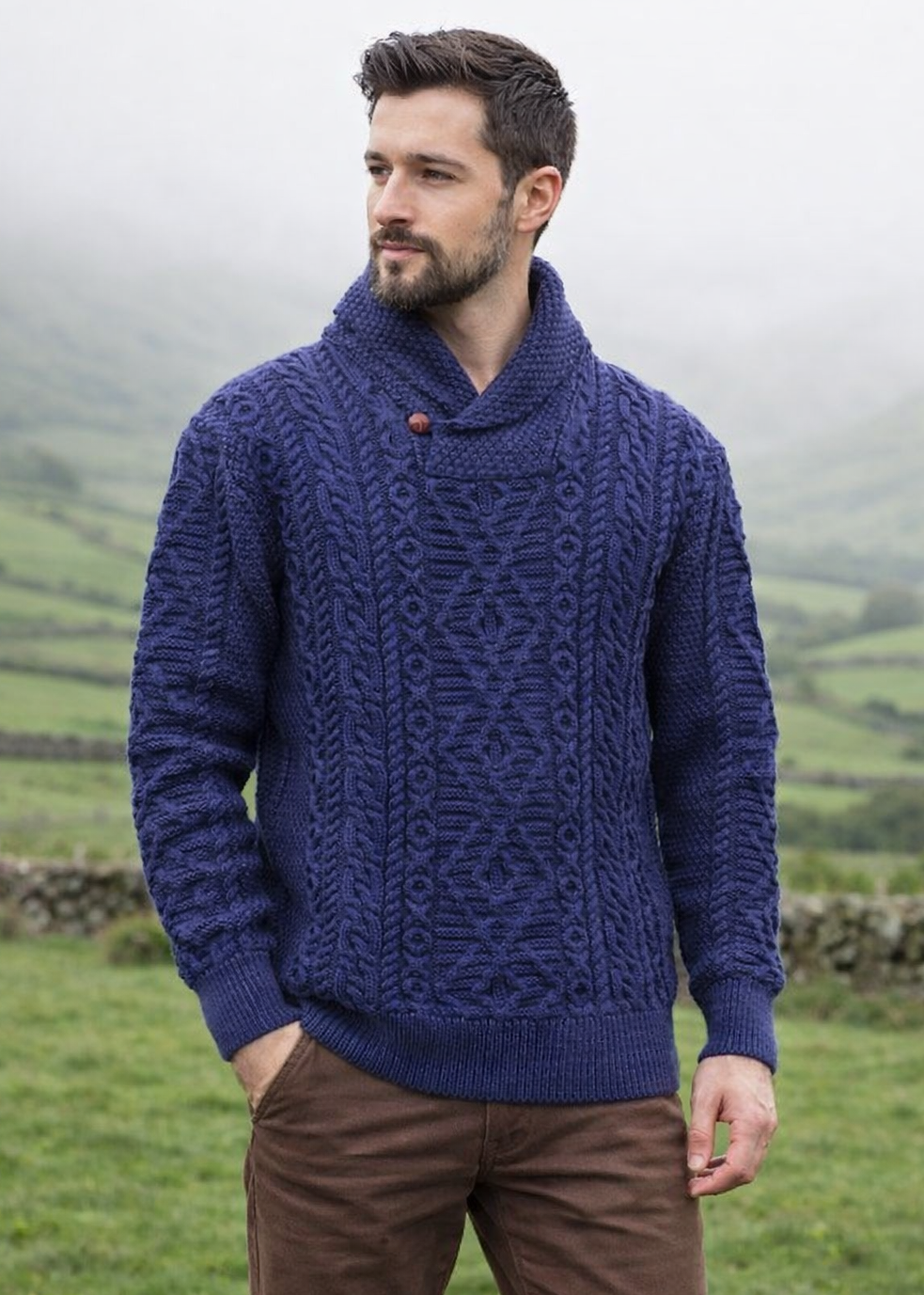 Men's Merino Wool Aran Shawl Neck Sweater | DWB