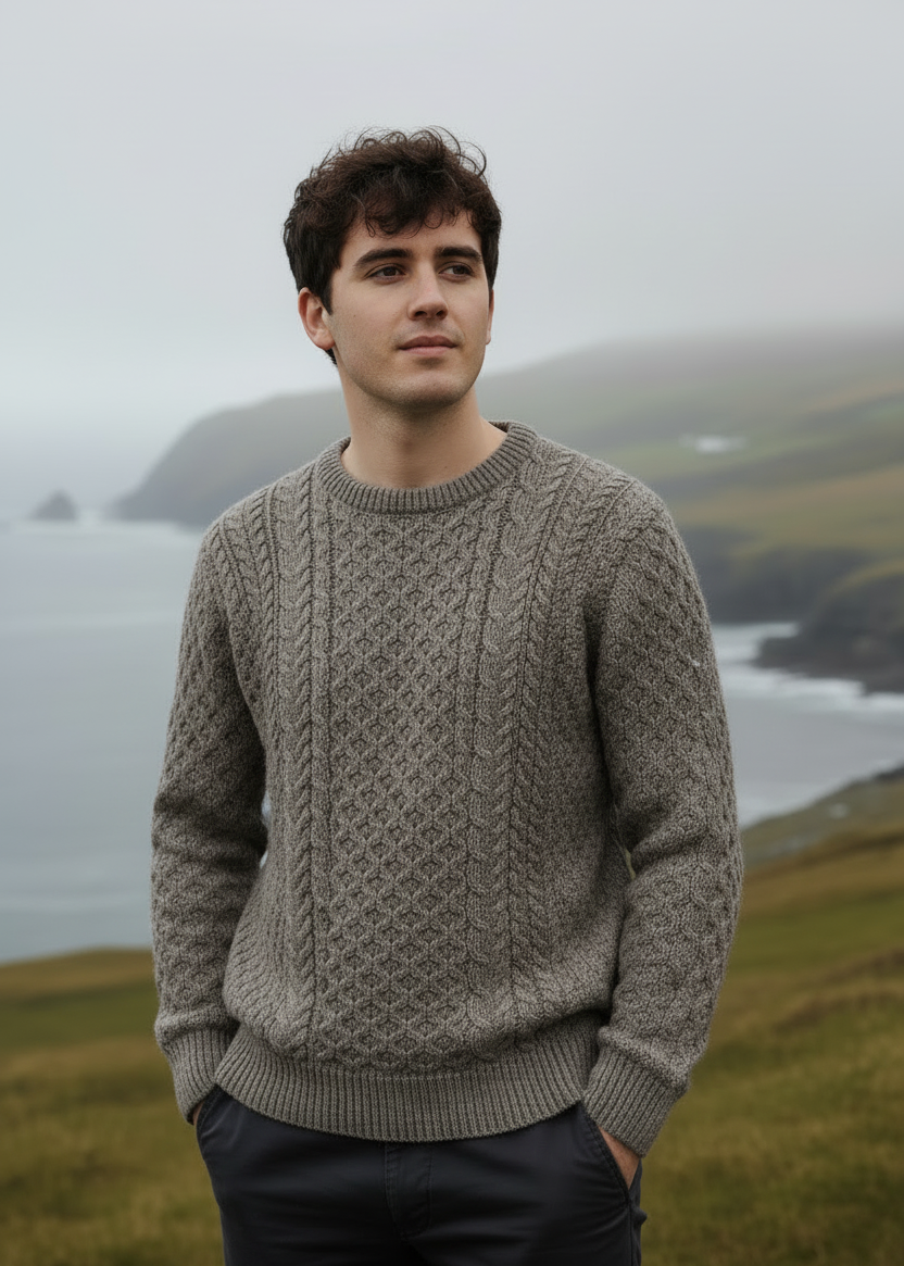 Man wearing a patterned sweater standing in a scenic landscape with water and cliffs.