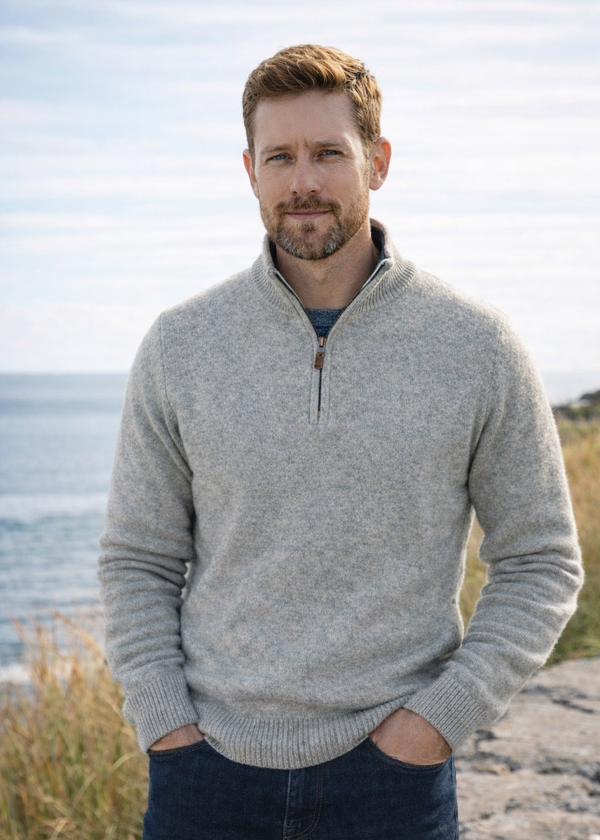 Men's 100% Lambswool Quarter Zip Sweater - Oatmeal