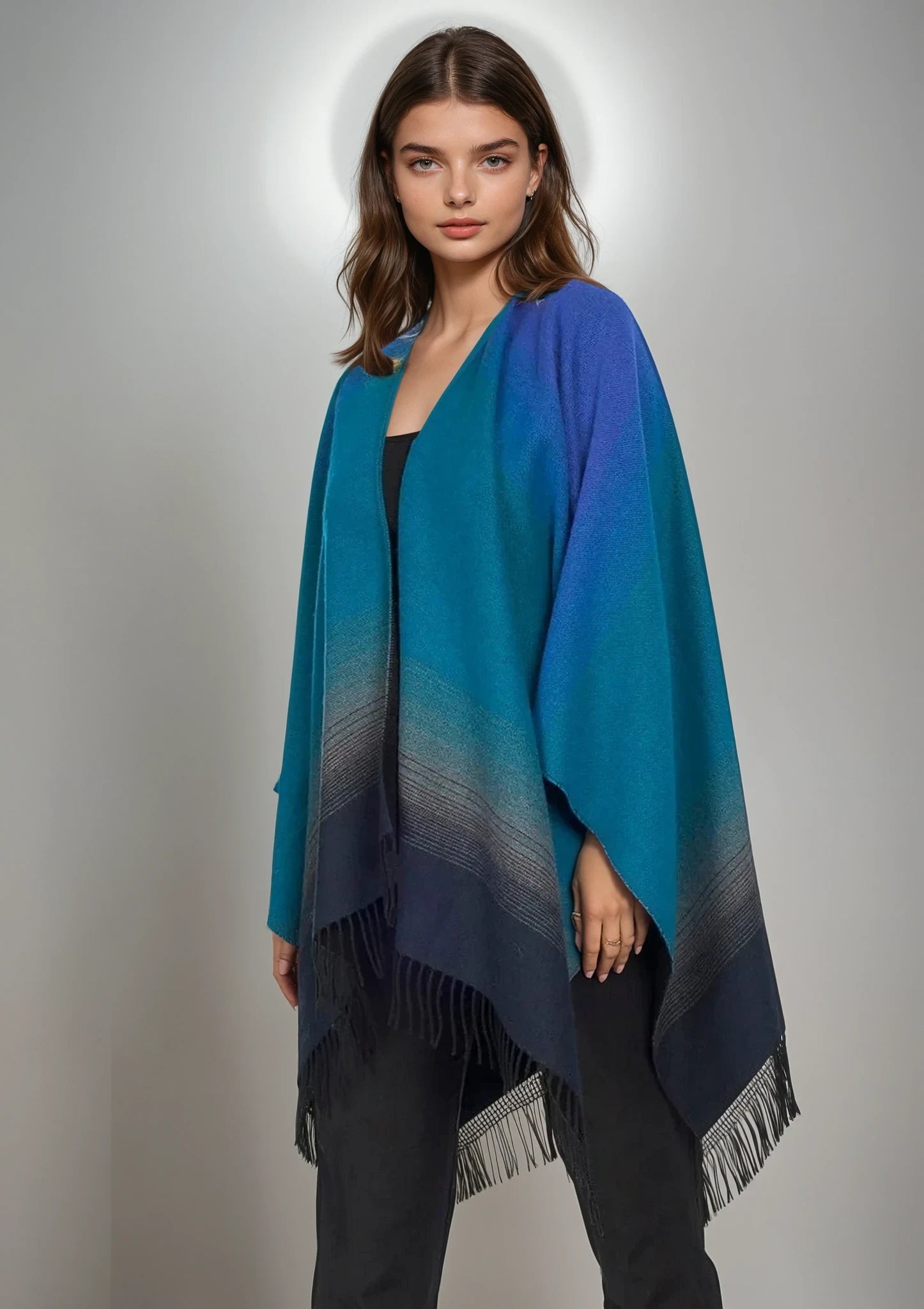 Jimmy Hourihan Fringed Shawl with Shadow Rainbow Design