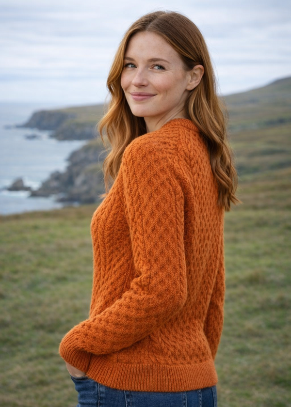 Ladies Slim-Fit Aran Sweater in Terracotta | 100% Merino Wool