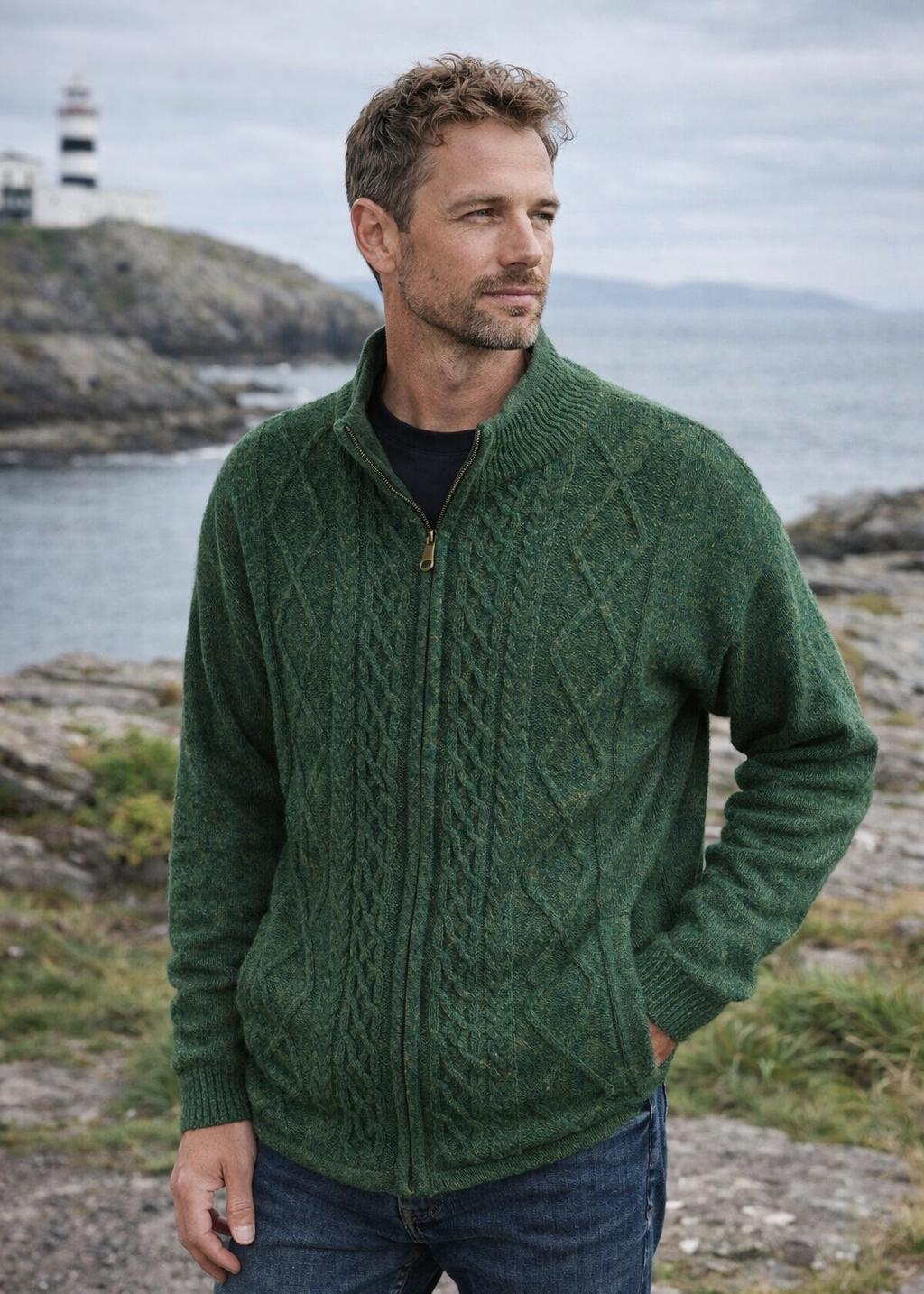 Men's Lined Wool Aran Cardigan | Aran Green