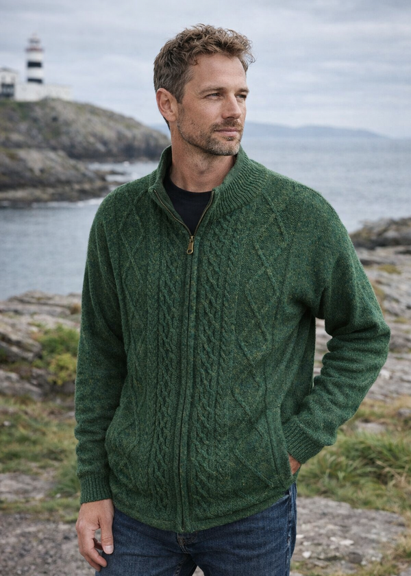 Men's Lined Wool Aran Cardigan | Aran Green
