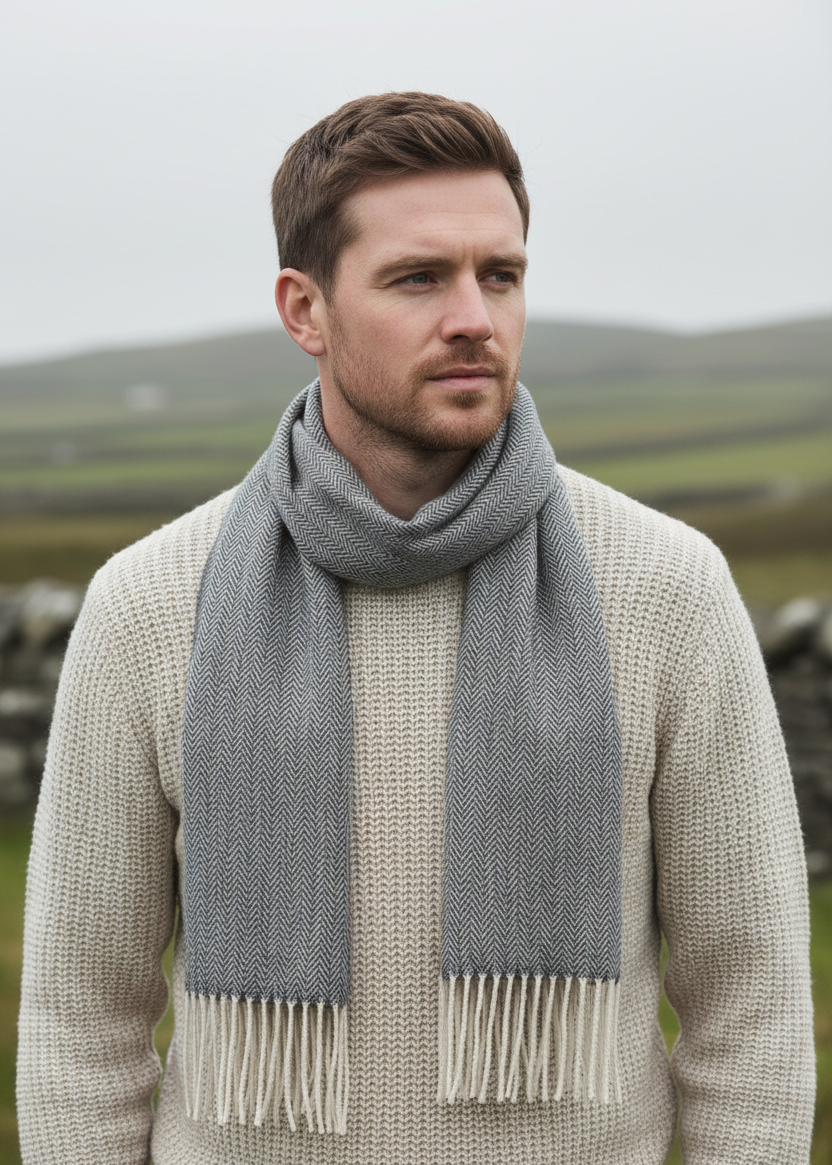 Schal aus Foxford-Lammwolle | Graues Fischgrätmuster
