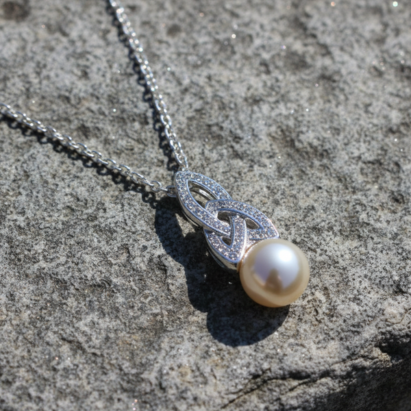 Celtic Pearl Necklace Adorned By Swarovski Crystals