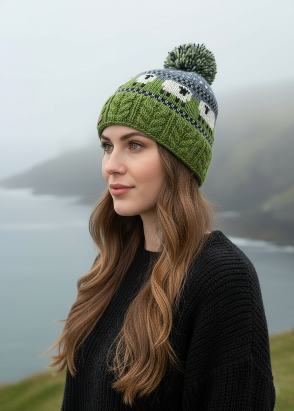 Erin Aran Sheep Bobble Hat | Blue and Green