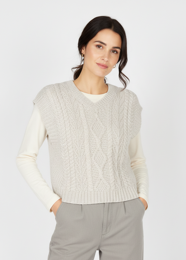 Women's V Neck Aran Vest | Silver Marl