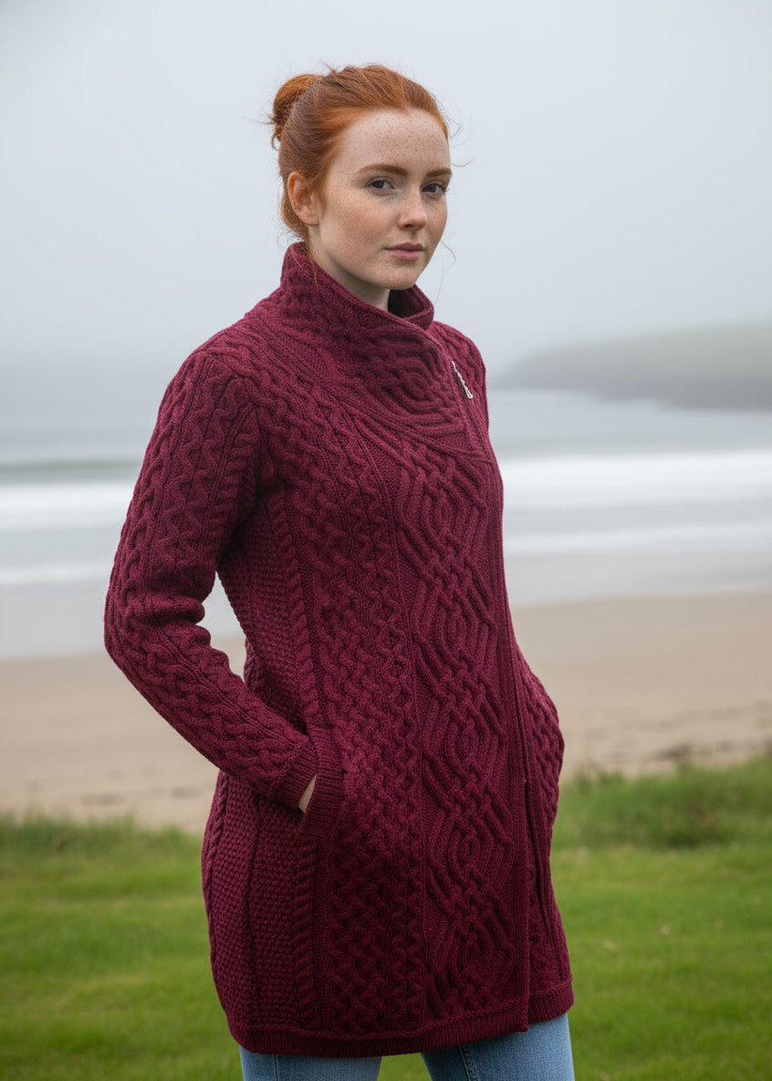 Aran Crafts Cable Knit Side Zip Coat