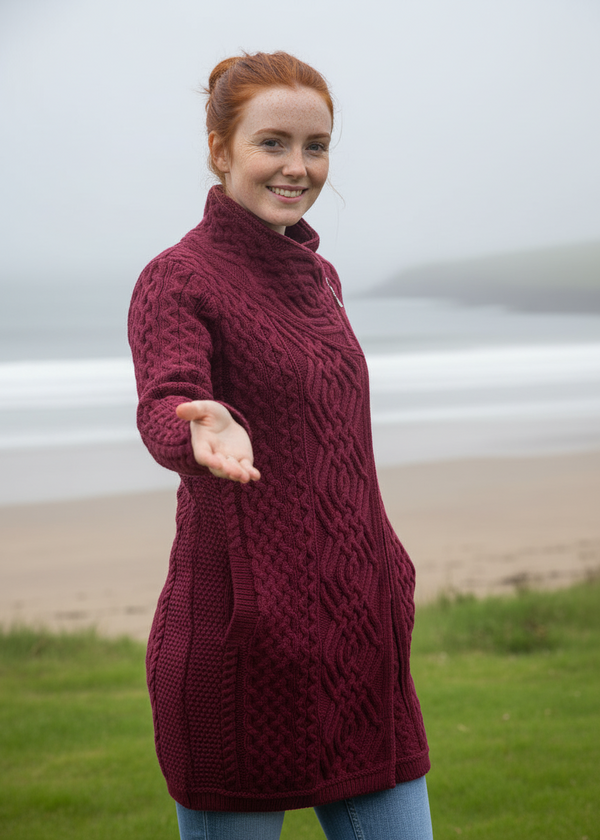 Aran Crafts Cable Knit Side Zip Coat