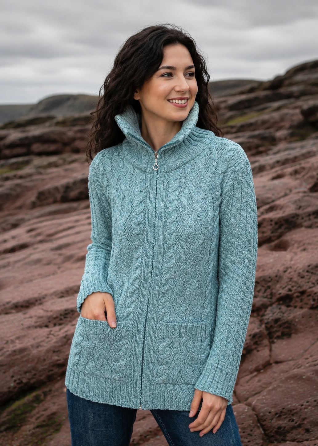 Aran Merino Wool Claddagh Zip Cardigan | Aqua