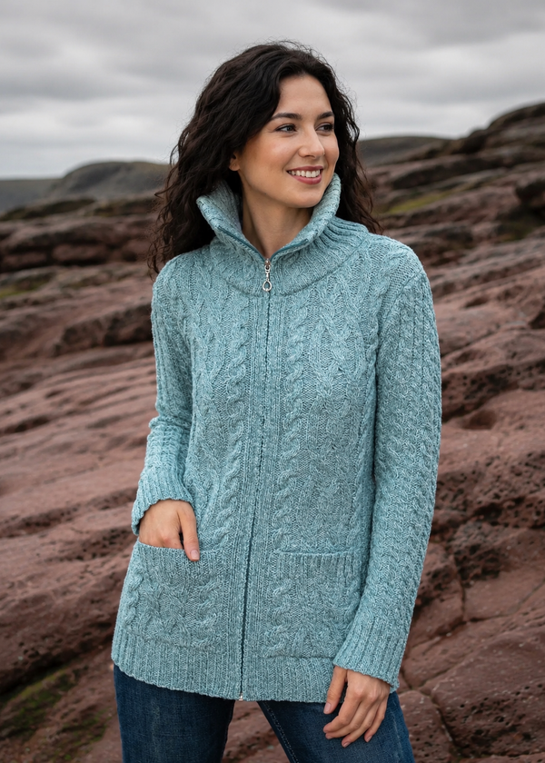 Aran Merino Wool Claddagh Zip Cardigan | Aqua