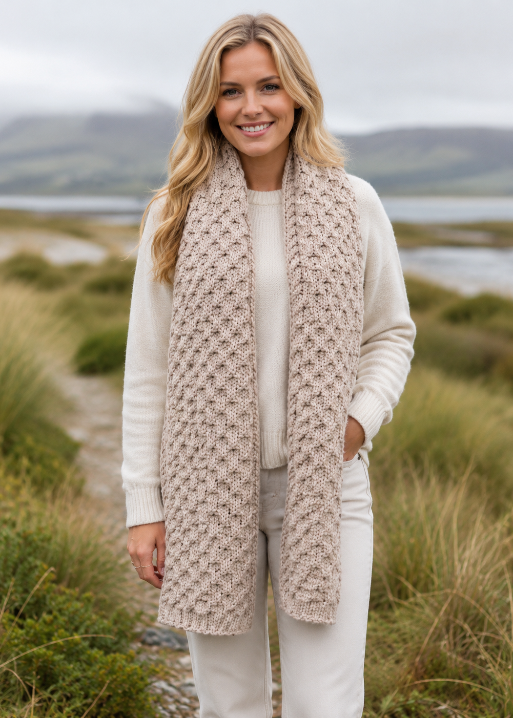 Aran Merino Wool Honeycomb Scarf | Parsnip