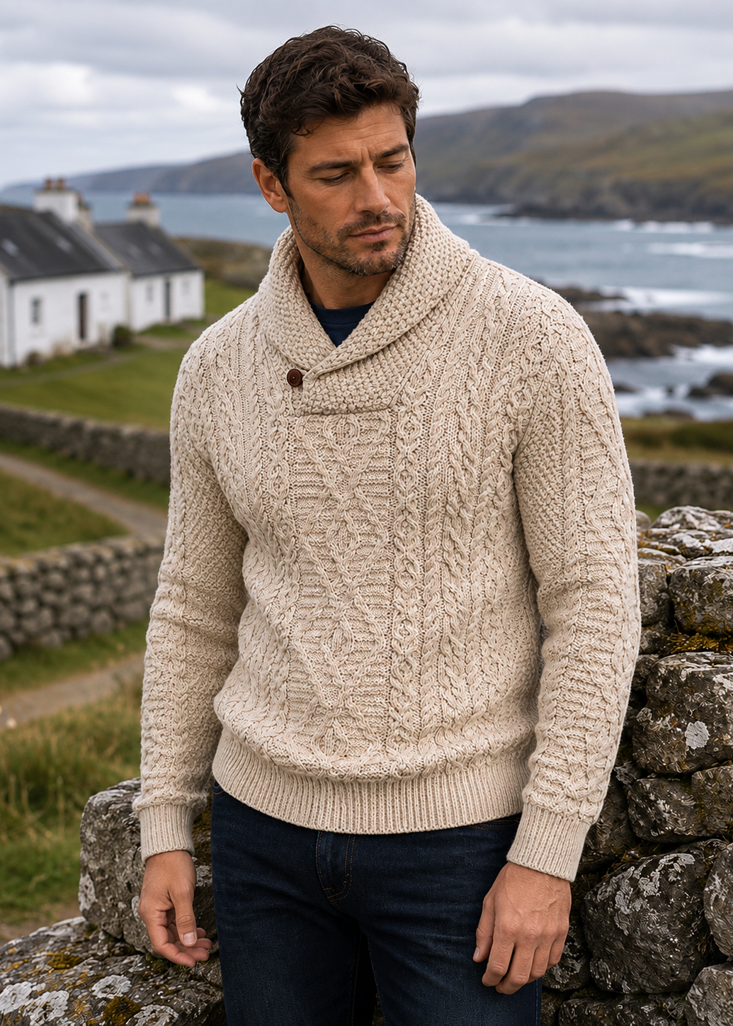 Aran Merino Wool Shawl Neck Sweater | Parsnip