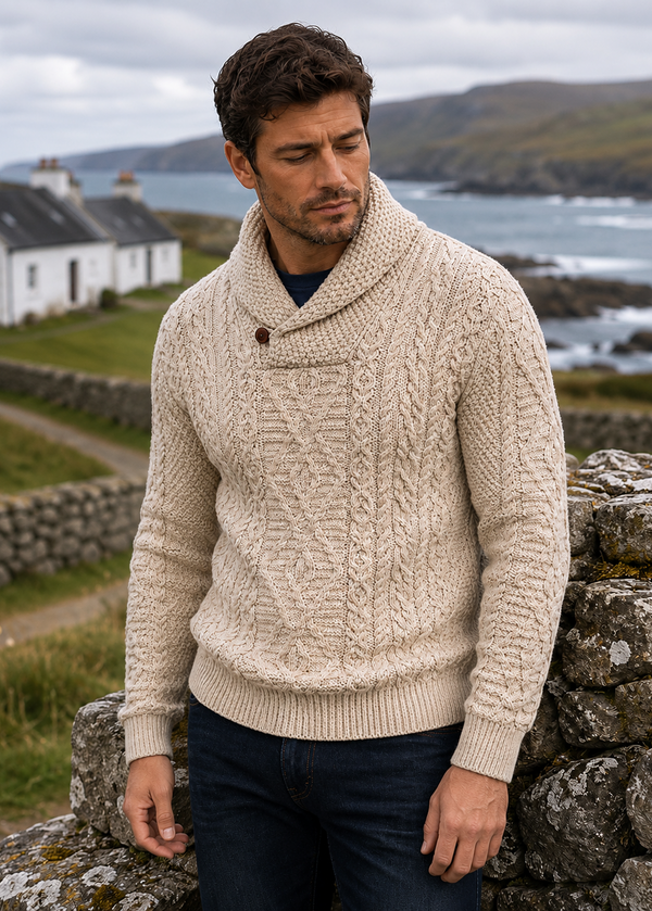 Aran Merino Wool Shawl Neck Sweater | Parsnip