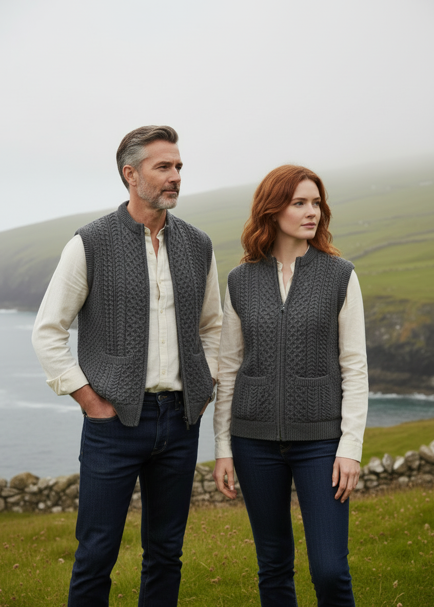 Aran Sleeveless Zip Cardigan | Slate Grey | Merino Wool