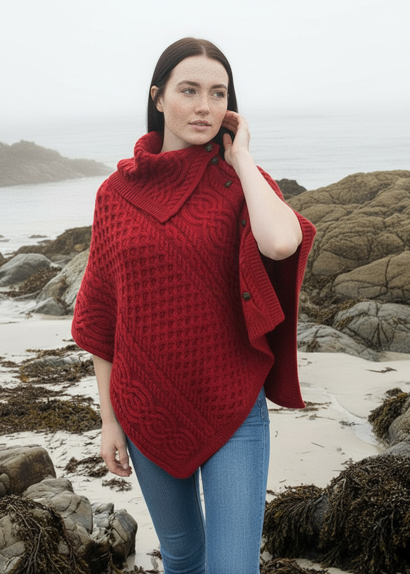 Aran Tipperary Cowl Neck Poncho | Red