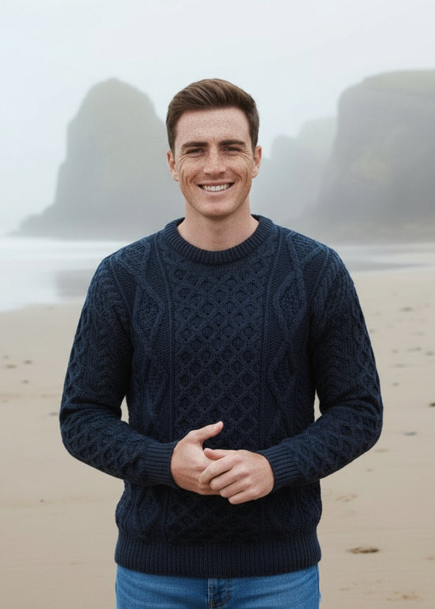 Aran Wool Sweater | Navy Green Mix