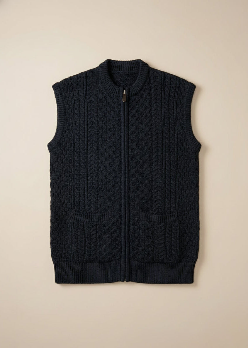 Aran Zip Sleeveless Cardigan | Navy Green Mix