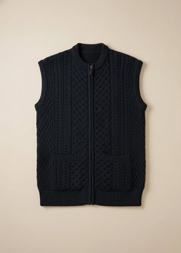 Aran Zip Sleeveless Cardigan | Navy Green Mix