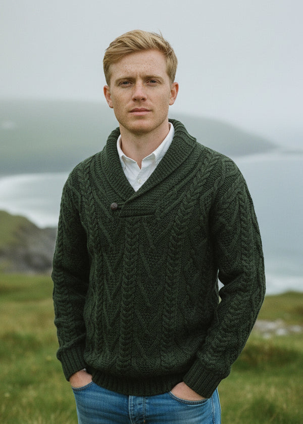 Dublin Shawl Collar Aran Sweater | green