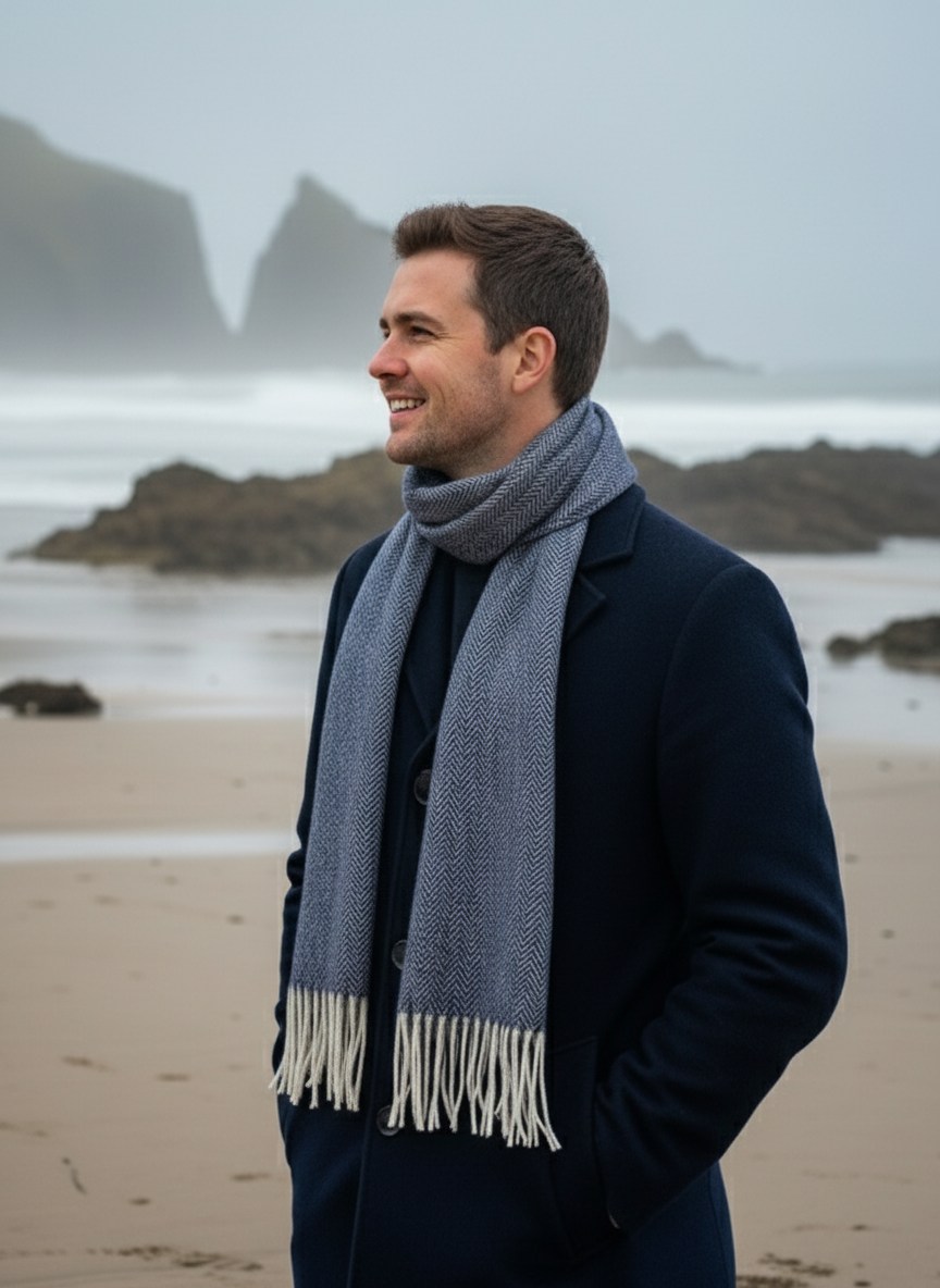 Foxford Lambswool Scarf | Navy Herringbone