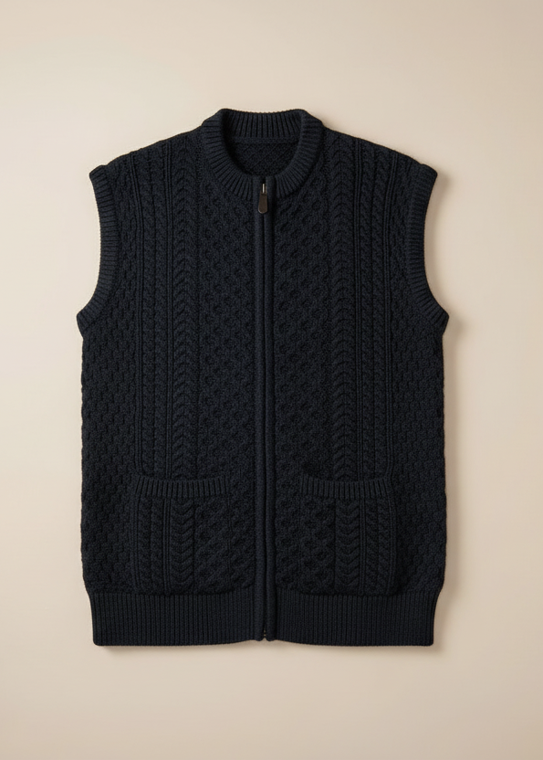 Irish Aran Sleeveless Zip Cardigan | Navy | 100% Merino Wool