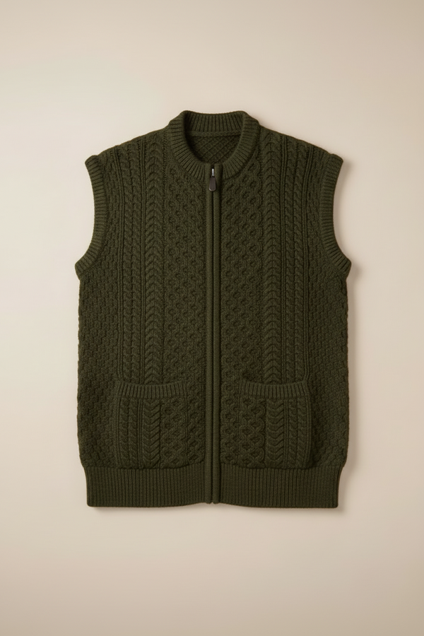 Aran Sleeveless Zip Cardigan | Army Green - Clearance