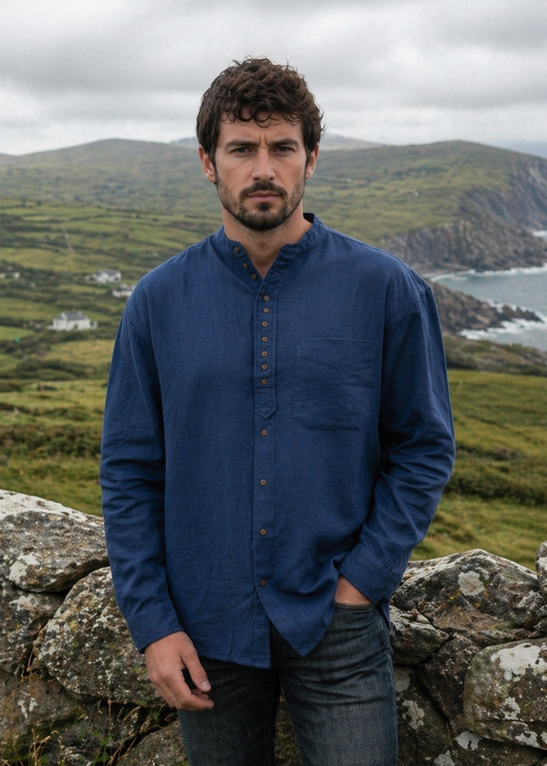 Irish Grandfather Shirt | Ink Blue Cotton Linen Blend | Civilian
