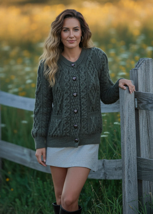Ladies Aran Cardigan | Army Green