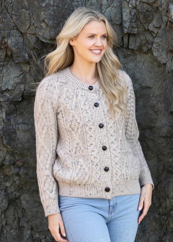 Ladies Aran Cardigan | Flecked Cream