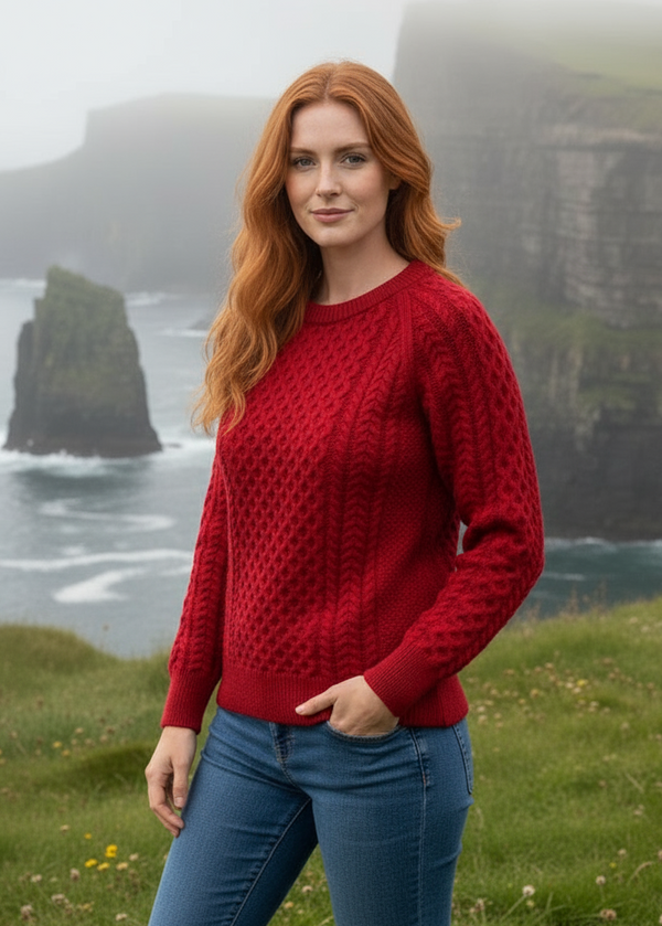 Ladies Slim-Fit Aran Sweater | Red