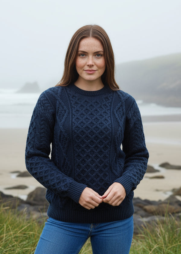 Unisex Aran Wool Sweater | Navy/Green Mix