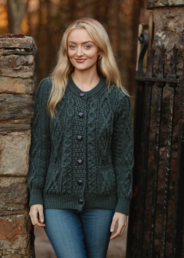 Ladies Aran Cardigan | Army Green