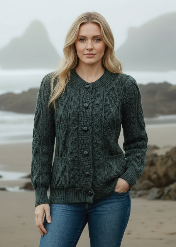 Ladies Aran Cardigan | Army Green