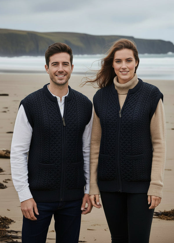 Aran Zip Sleeveless Cardigan | Navy Green Mix