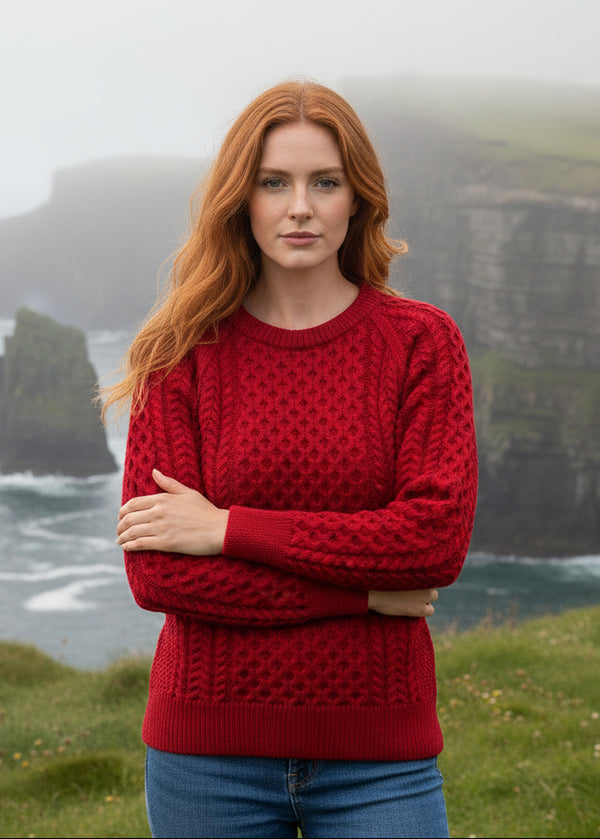 Ladies Slim-Fit Aran Sweater | Red