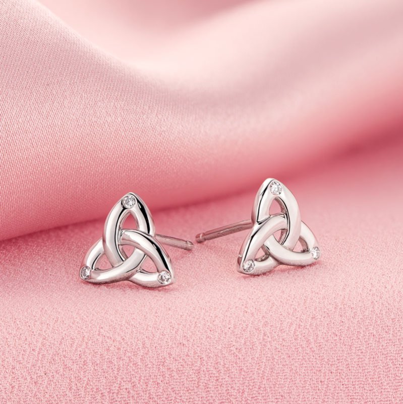 14k White Gold Flush Diamond Trinity Knot Earrings