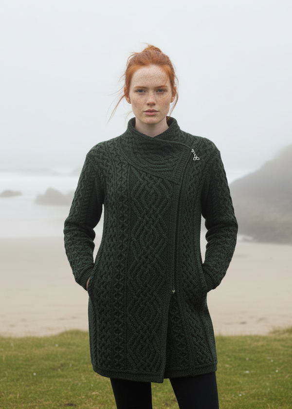 Aran Crafts Cable Knit Side Zip Coat | Green