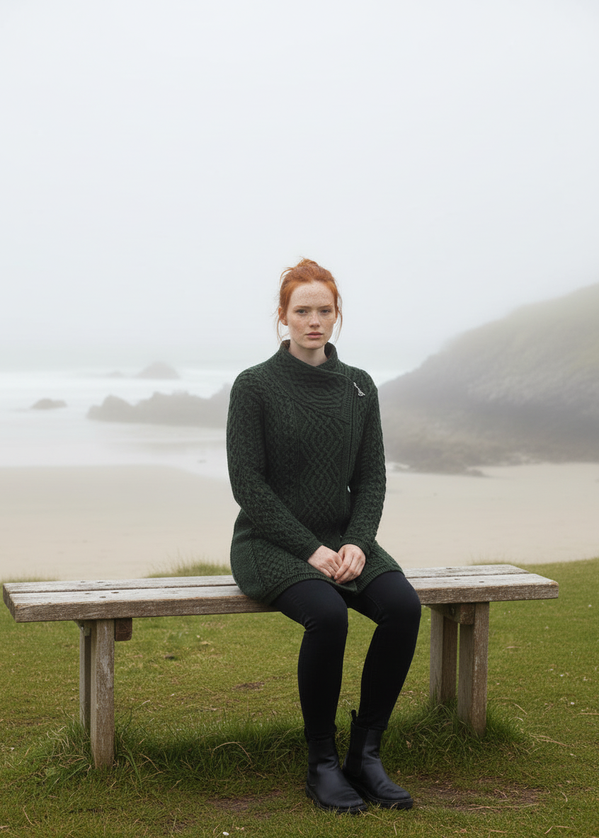 Aran Crafts Cable Knit Side Zip Coat | Green