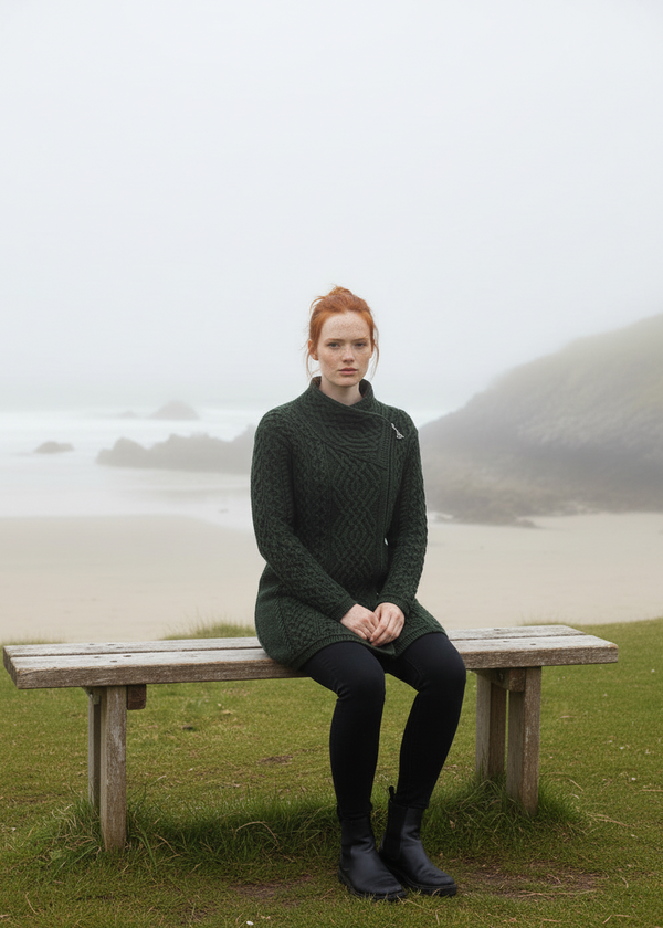 Aran Crafts Cable Knit Side Zip Coat | Green